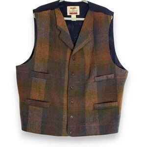 Vintage 100% Wool Vest Jacket Utility Field Brown Plaid 53” Chest Workwear‎ XL